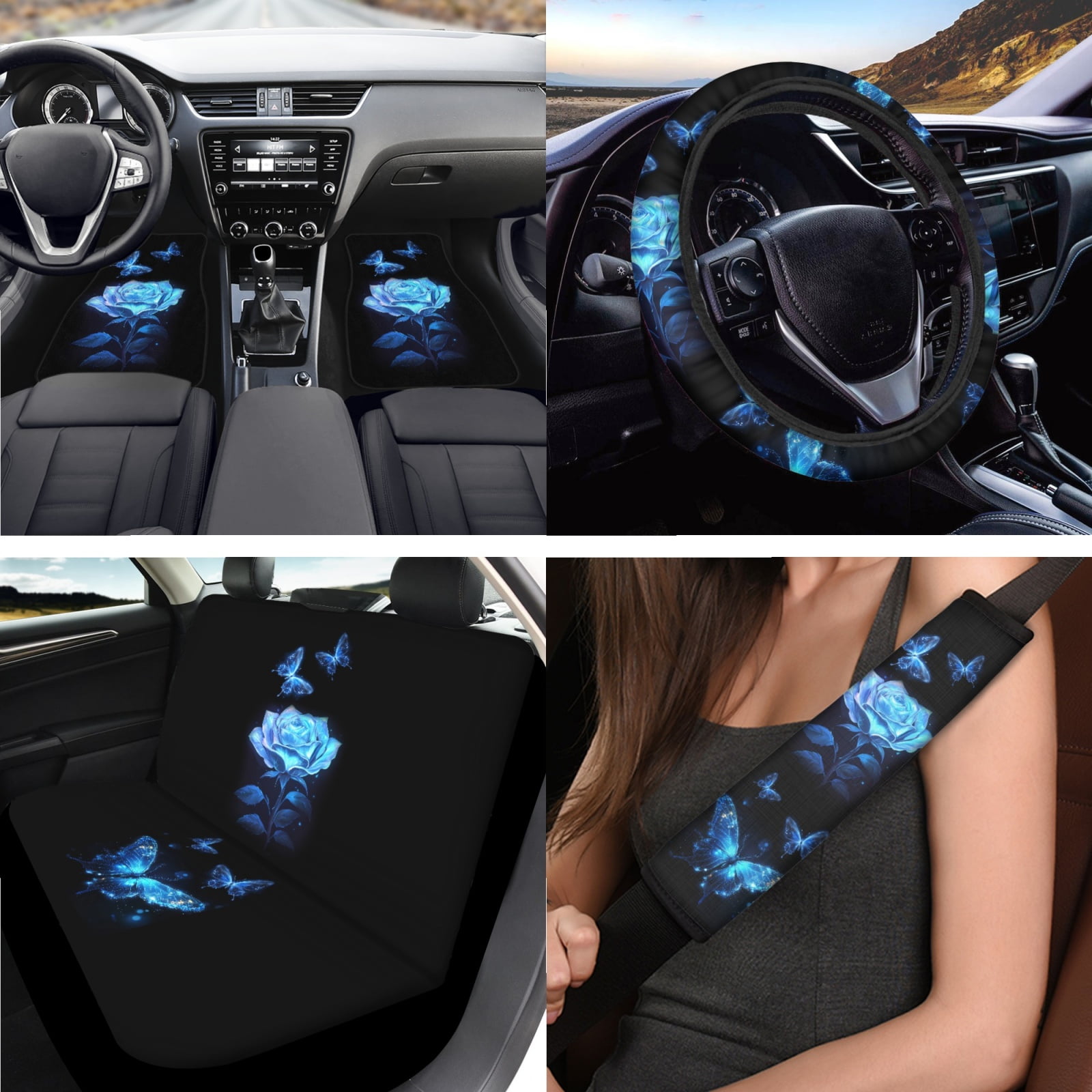 Jeiento Blue Rose Car Seat Cover Full Set Car Floor Mats Steering Wheel Cover Seatbelt Pad Armrest Cover Butterfly Cup Coaster Keychains Chapstick Holder Auto Interior Accessories Set of 17