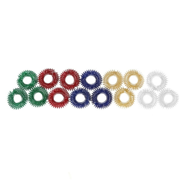 EeaseMX 15 anillos de masaje con pinchos para dedos, anillo de acupresión sensorial, juguete antiestrés para niños y adultos (rojo, azul, verde, dorado y plateado, 3 unidades de cada color)