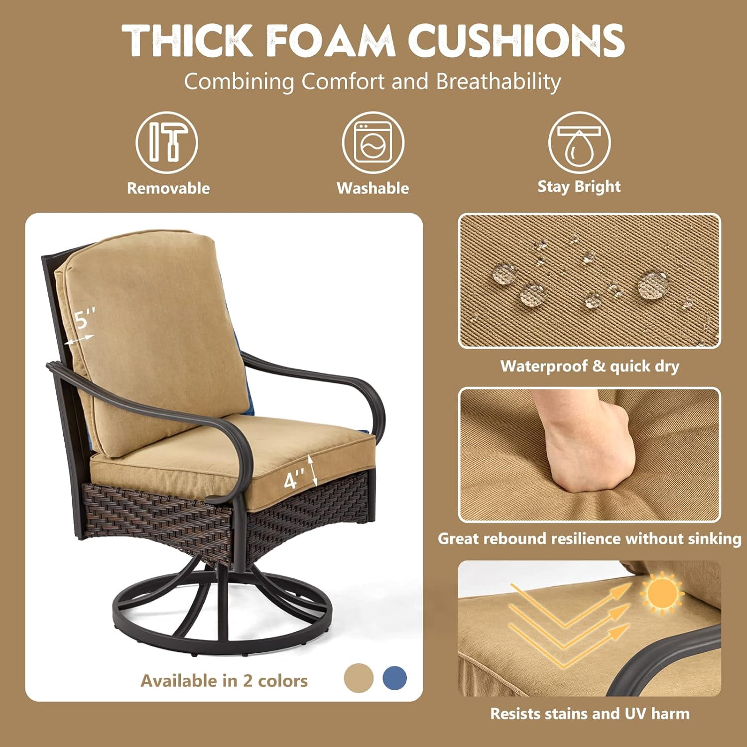 Patio Swivel Chairs Set of 2, Outdoor Swivel Chairs with Cushion, Patio Dining Chairs for Garden, Patio, Backyard and Balcony, Khaki
