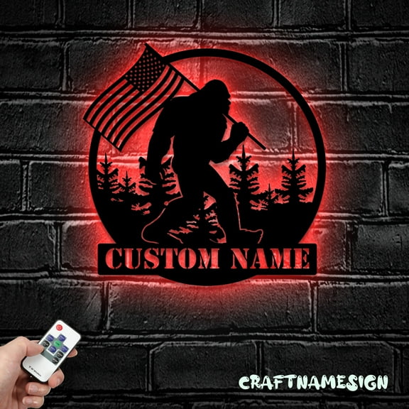 Craftnamesign Custom Sasquatch US Flag Metal Wall Art LED Light, Personalized Bigfoot Name Sign