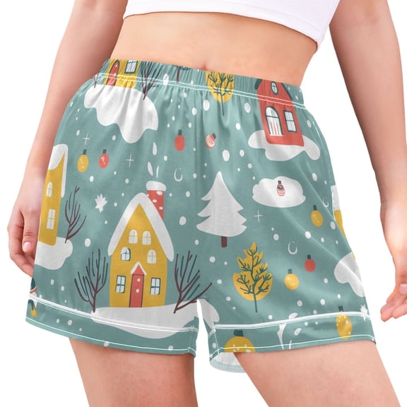 joogoo Women's Pajama Lounge Shorts Christmas House with Snowflakes Bottoms Sleep Short M