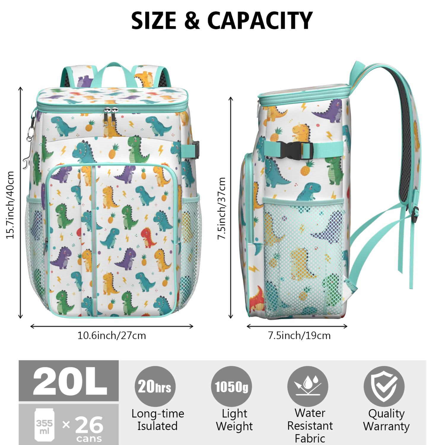 Travel Cooler Bag - White Dinosaurs Pineapples Bolts Pattern Camping Beer Cooler Backpack with Bottle Opener- Waterproof Insulated Picnic Backpacks - Cooler Bag for Beach