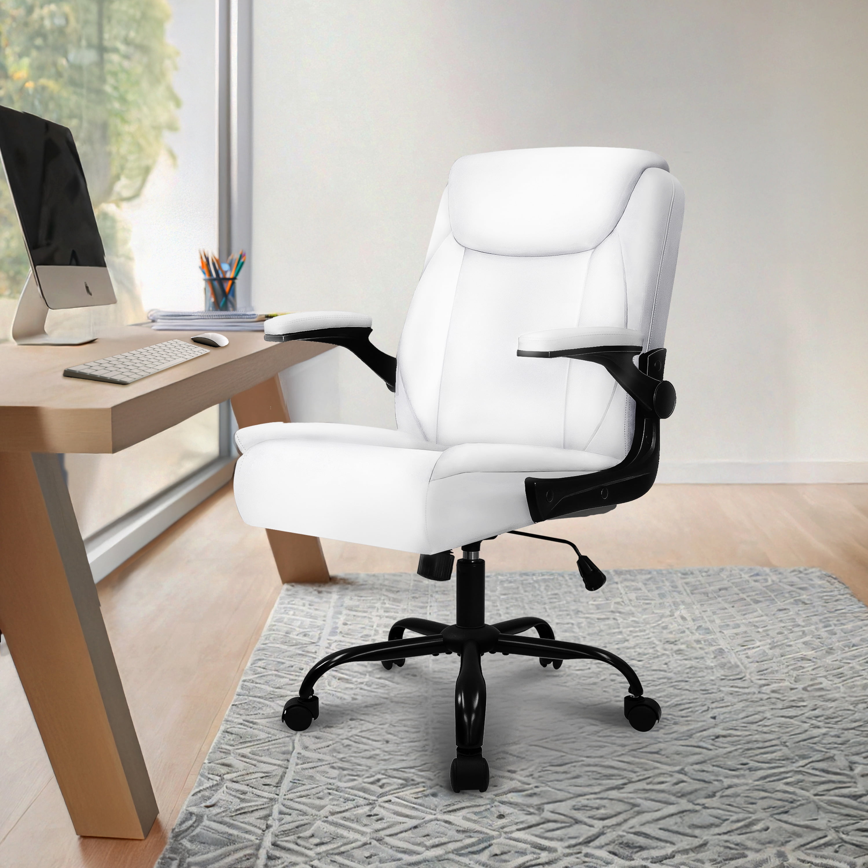 NEO CHAIR Desk Office Gaming Computer Chair Ergonomic Executive Mid-Back Leather with Adjustable Padded Flip-Up Armrests Cushion Wheels Swivel for Home Study Task (White)