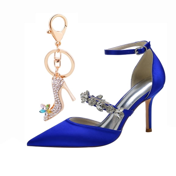 Women Pointed Toe High Heels Stiletto High Rhinestones Ankle strap Satin 8.5CM Pump Party Dress