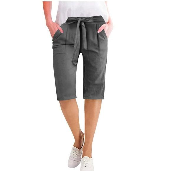 Tii.MM Capri Pants for Women 2025 Knee Length Cotton Linen Dressy Capris Summer Straight Leg Adjustable Knot Loose Beach Bermuda Shorts with Pocket