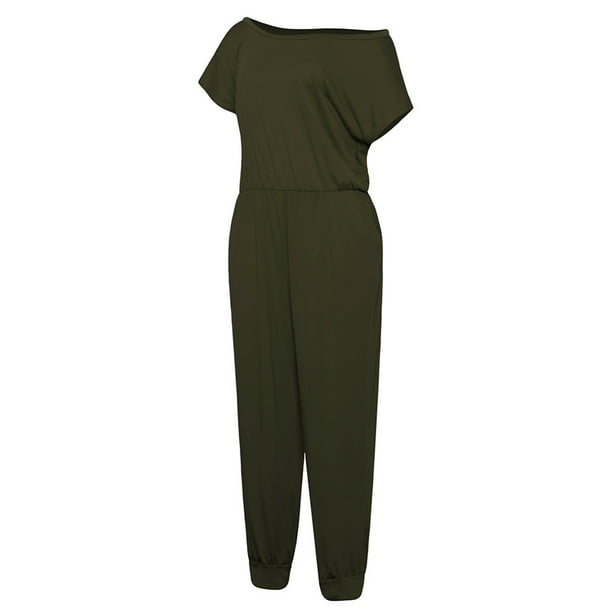 Qarigey Mono Traje de cuerpo de manga corta Un hombro Casual Mujeres en general Vestidos ejercito verde XXL Qarigey AP002204-17