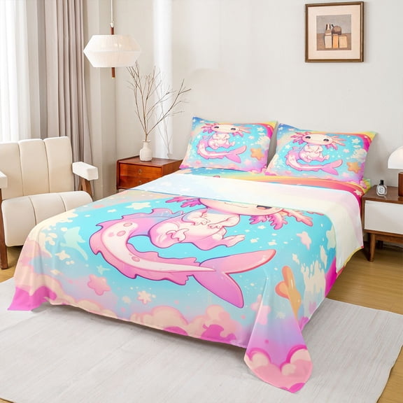 Manfei Kids Children Cartoon Axolotl Twin Sheet Sets 3pcs,Kawaii Rainbow Twin Fitted Sheet Microfiber,Cute Stars Print Breathable Flat Sheet,Super Cozy Room Decor