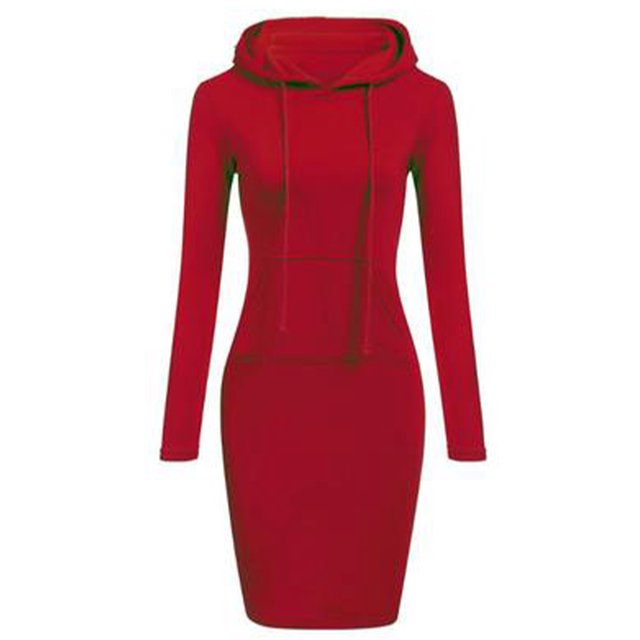 LUXUR Robes à Capuche pour Femmes Manches Longues Pull à Capuche Couleur Unie Robe Sweat Ajustée avec Cordon Rouge Vif S