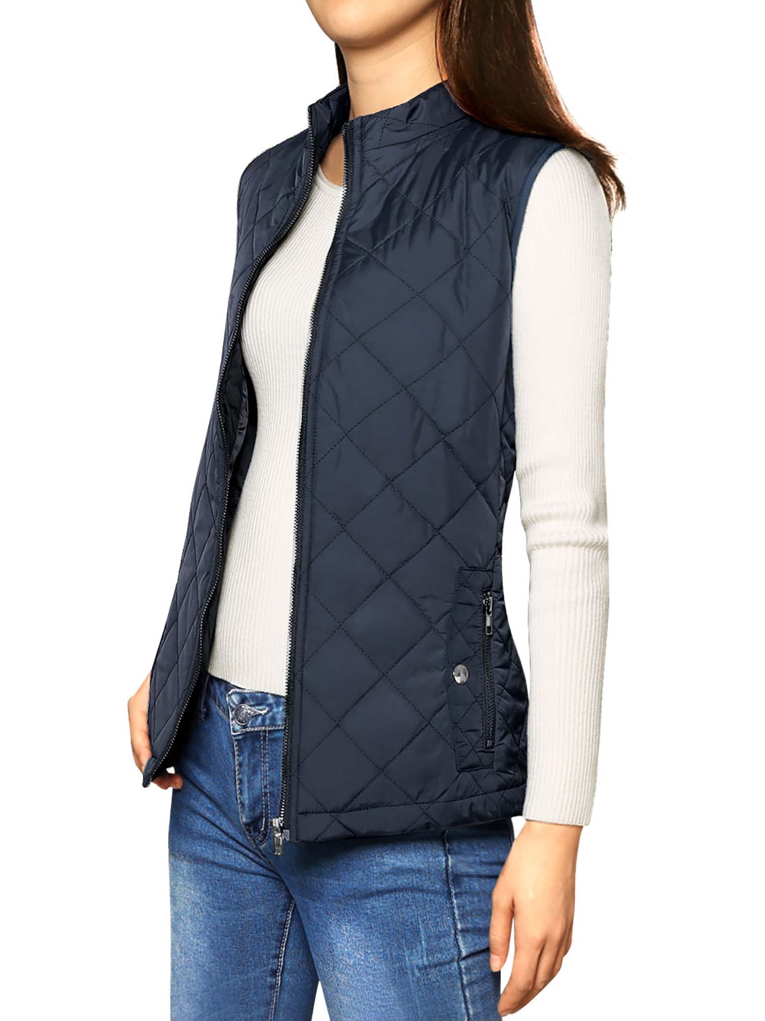 DARING DIVA Women's Zip Stand Collar Quilted Padded Vest M Dark Blue