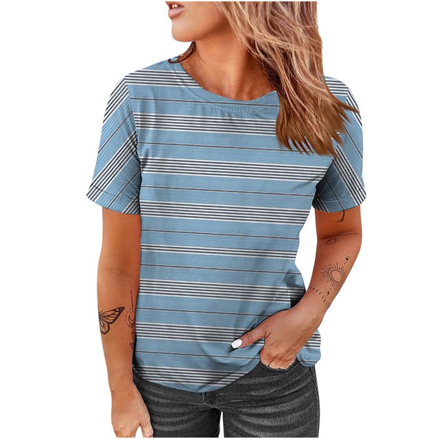 Blusa de manga corta con cuello redondo para mujer, con estampado de rayas, informal, con estampado Pompotops hkajfhjk464025