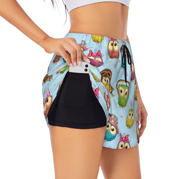 Balery Cute Cartoon Owls 3 Pantalones cortos deportivos para mujer con forro y dos bolsillos, elásticos, para entrenamiento, gimnasio, yoga-Large