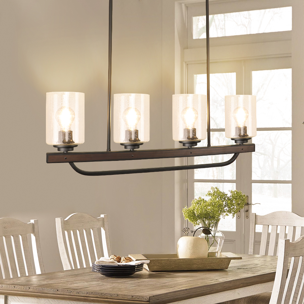 DingLiLighting 4-Light Adjustable Pendant Lamp, Rustic Metal Wood Chandelier  Lighting Fixture Hanging with Glass Shade for Dining Room Living Room  Restaurant E26 Base