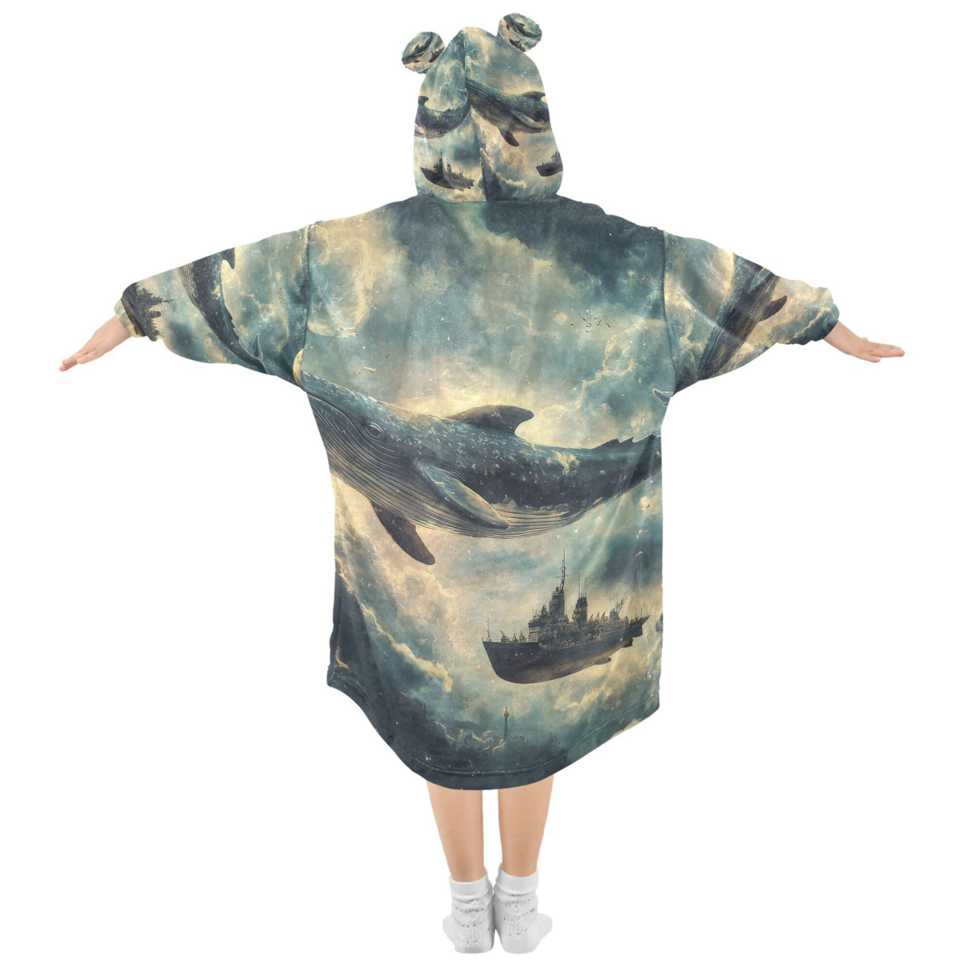 FORMRS Wearable Blanket Hoodie with Sleeves for Kids Cozy Flannel Sweatshirt, Beige Floating Whale