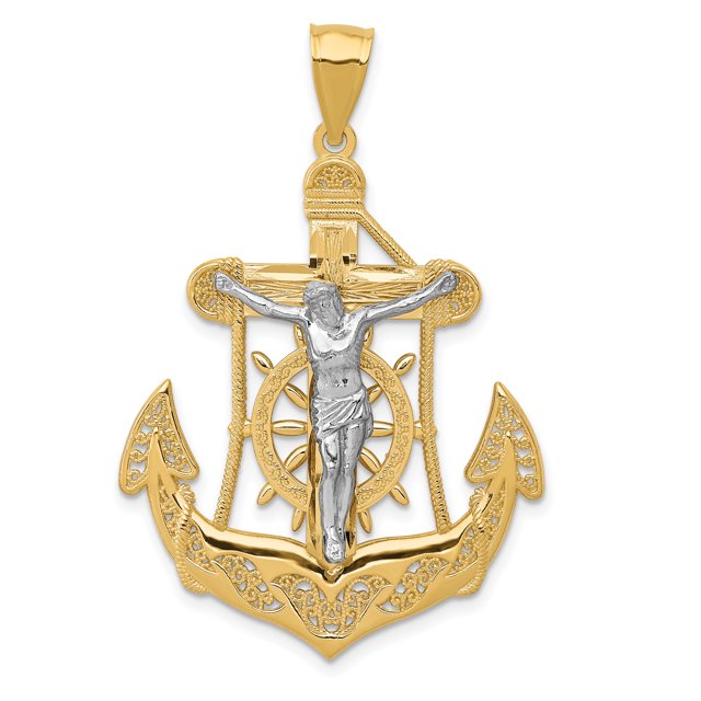 14k Two Tone Gold Mariners Cross Necklace Charm Pendant Religious Mariner Crucifix