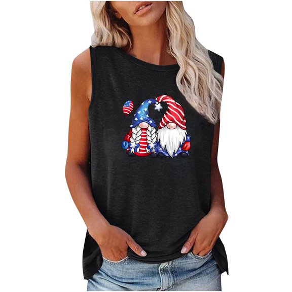 Usmixi 4th of July Tank Top for Women Loose Fit Breathable Patriotic Graphics Shirts Vest Summer Independence Day Gnome Print Crewneck Sleeveless Fashion Blouses Black xl