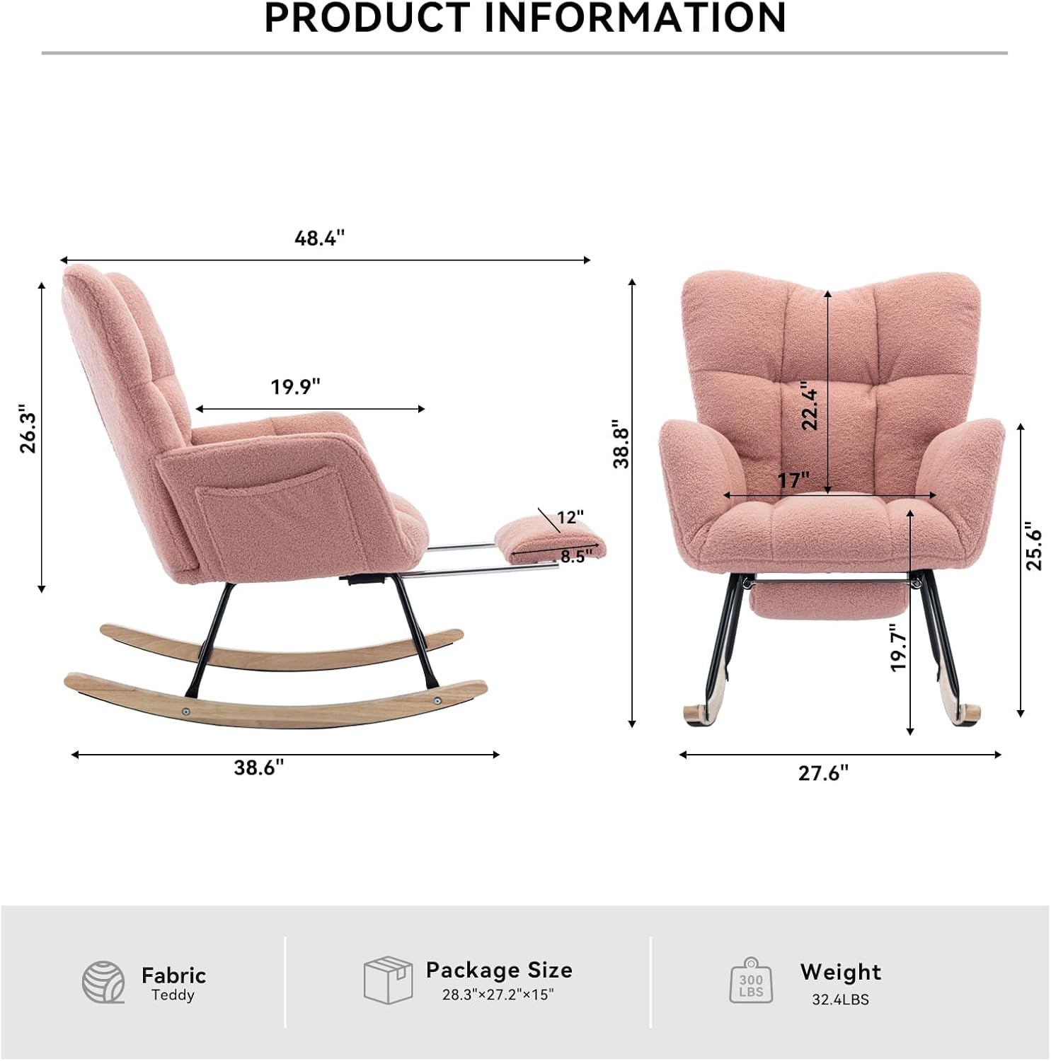 Rocking Chair Nursery Teddy Upholstered Glider Rocker High Backrest Nursery Rocker Comfortable Armchair