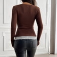 thumbnail image 6 of CIENVNSTG Women Lace Patchwork Ribbed Knit Tee Scoop Neck Casual Slim Fit Long Sleeve Crewneck Button Up Ruched Crop T-Shirts Coffee M, 6 of 7