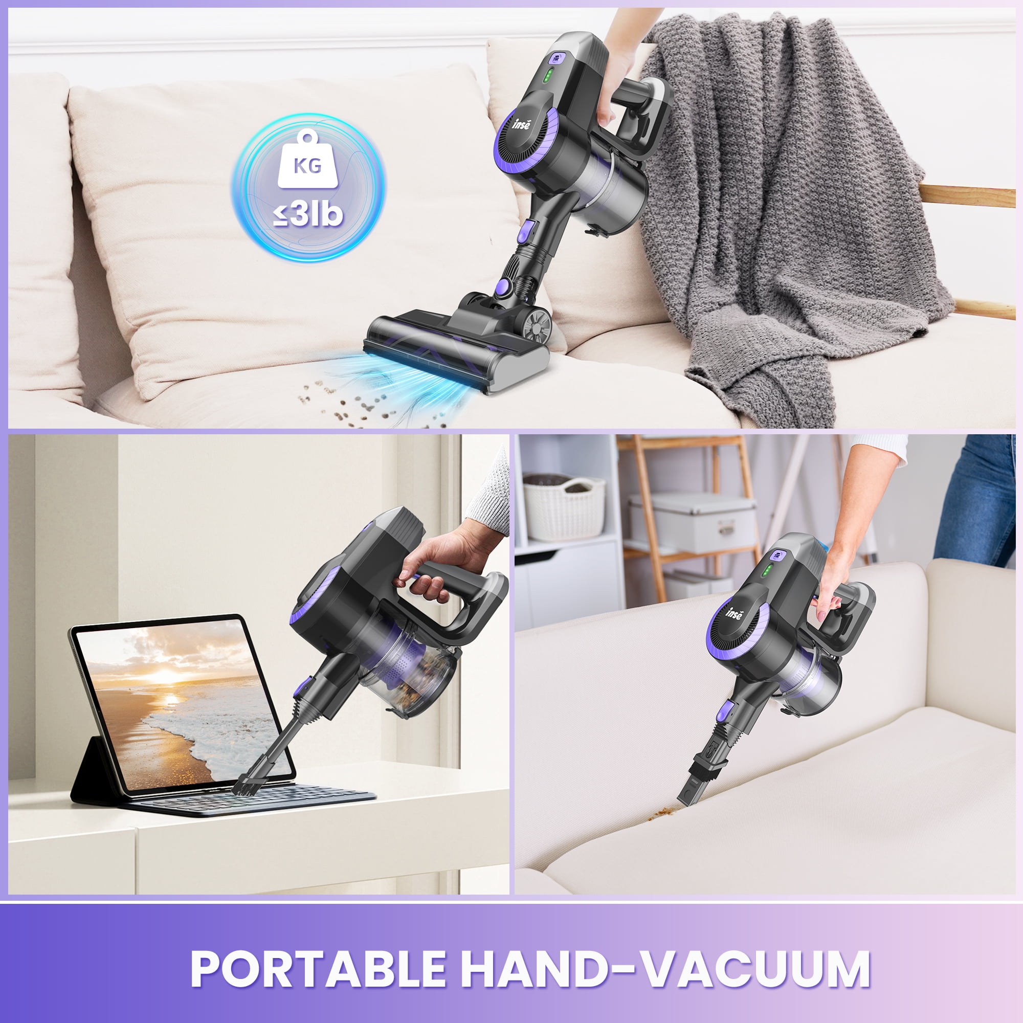INSE Lightweight Cordless Stick Vacuum Cleaner for Carpet Hardwood Floor Pet Hair