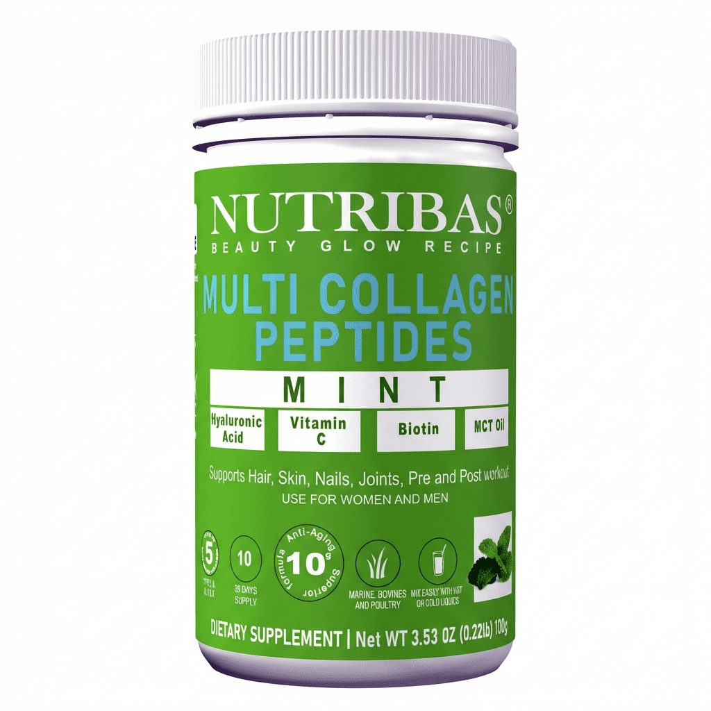 Nutribas Protein Multi Collagen Peptides Powder Whole Body Support Formula With MCT, Vitamin C, Biotin & Hyaluronic Acid , Vanilla Chocolate Mint, 11 oz