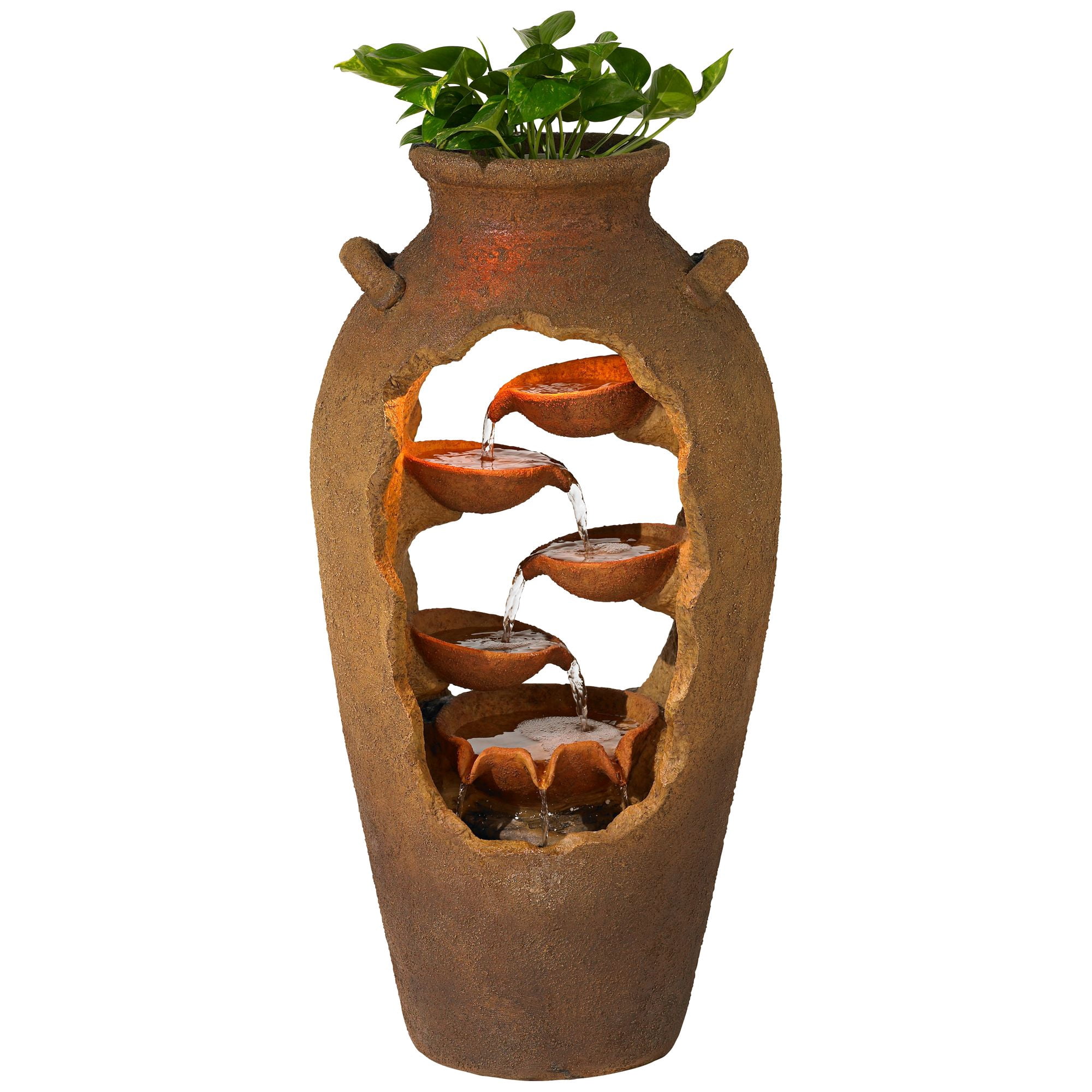 Nathan Cascade 33" High Large Rustic Outdoor Decor Faux Stone Floor Fountain with Light LED Urn with Planter
