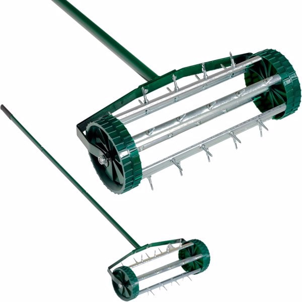 Heavy Duty Rolling Lawn Aerator,Rolling Lawn Aerator, Rotary Push Tine Spike Soil Lawn Aerator Gardening Tool with 3-Piece Long Steel Handle for Garden Yard Grass Maintenance