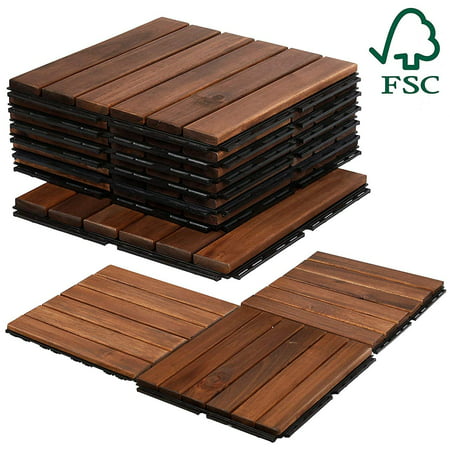 Mammoth Sustainably Sourced Easy Lock Solid Acacia Interlocking Wood Floor Tiles (11 SQFT Pack, Stripe