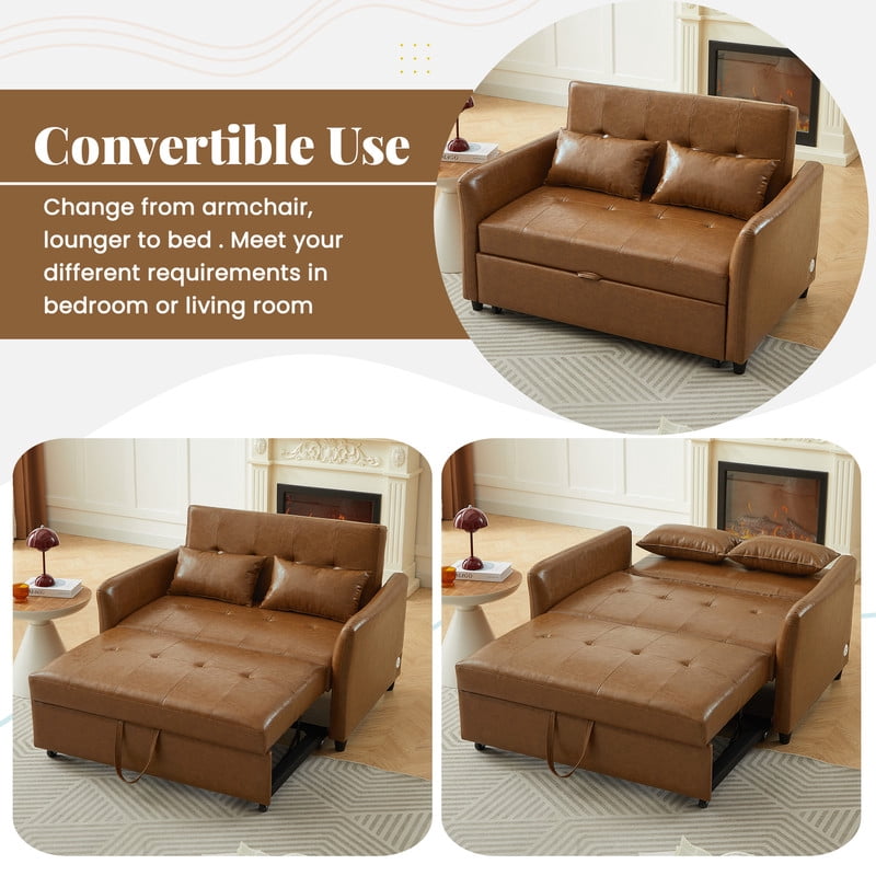 PU Leather Convertible Sleeper Sofa Bed, Adjustable Oversized Chaise Lounge Loveseat Couch with 3 USB Charging Ports