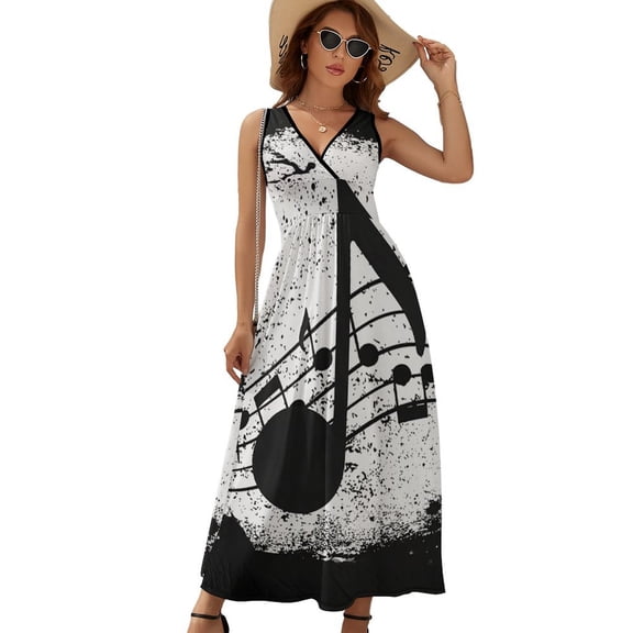 Music Note Dress Summer Street Style Bohemia Long Dresses Female Sleeveless Printed Maxi Dress