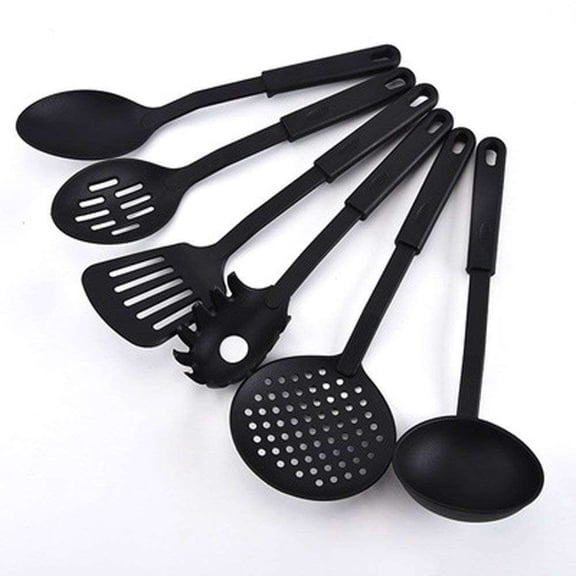 Plastic Kitchen Tool Set of 6-Pcs - Black Spoons for Non Stick Cookware Spatula, Turner, Ladle, Spaghetti Server, Slotted & Solid Spoon