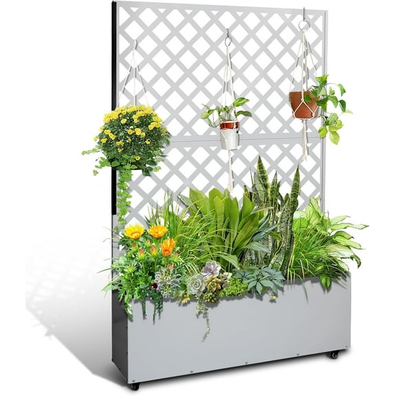 Metal Planter Box with Trellis, 73"x47"x12" Raised Garden Bed with Trellis & Wheels, Outdoor Garden Box with Privacy Screen & Drainage Holes for Climbing Plants Flower Vegetable, White