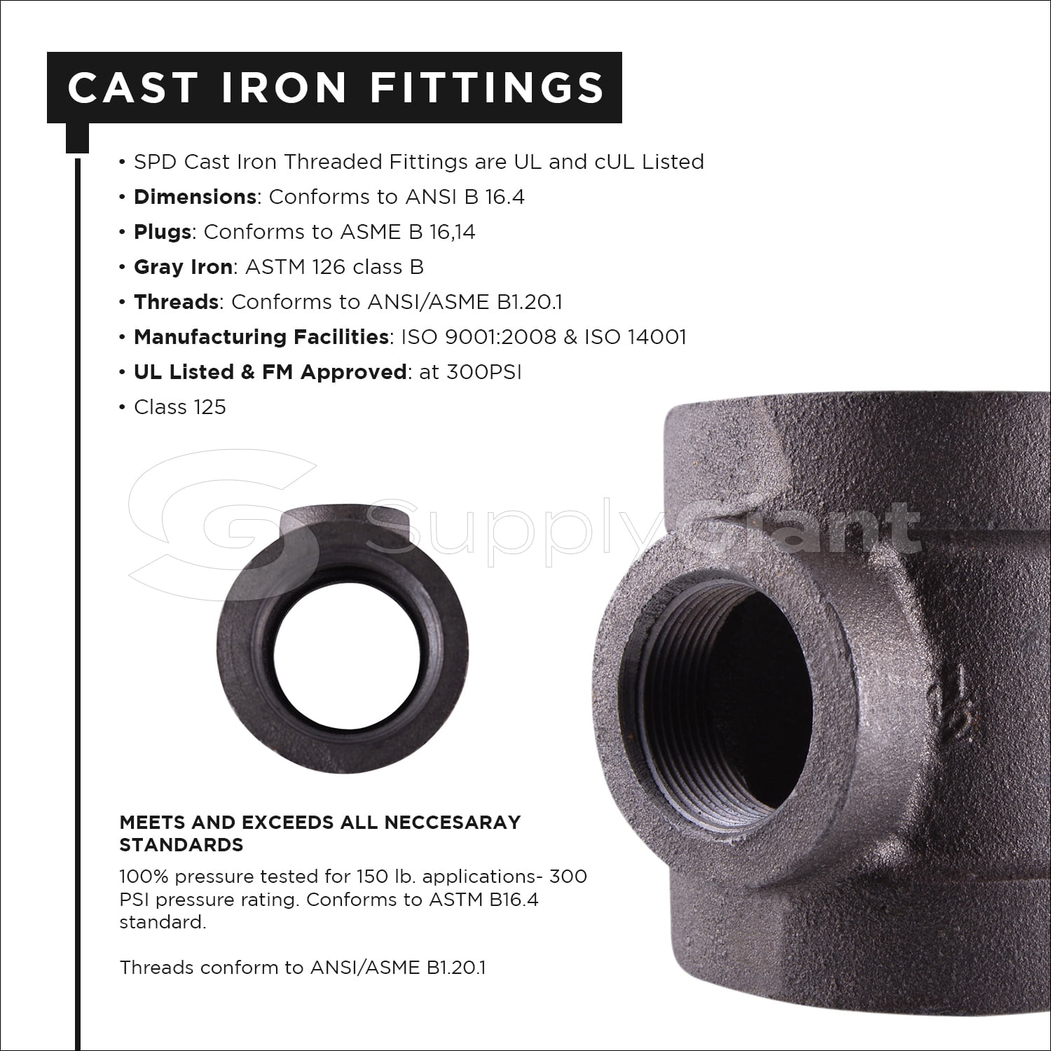 Supply Giant 2" x 2" x 1/2" BLack Pipe Fitting Reducing Tee Cast Iron