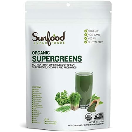 Sunfood Super Greens Powder | Organic Blend of 19 Green Superfoods, Probiotic, Enzymes, Protein & Fiber | Spirulina & Chlorella 1st Ingredients | 8 oz Bag