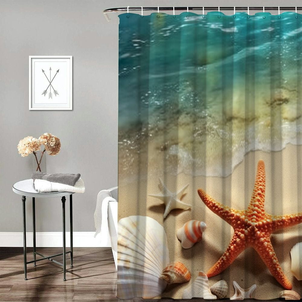 PRATYUS Starfish Shells Beach Shower Curtain Waterproof Bath Curtain Set Modern Bathroom Decor with Hooks 69"x72