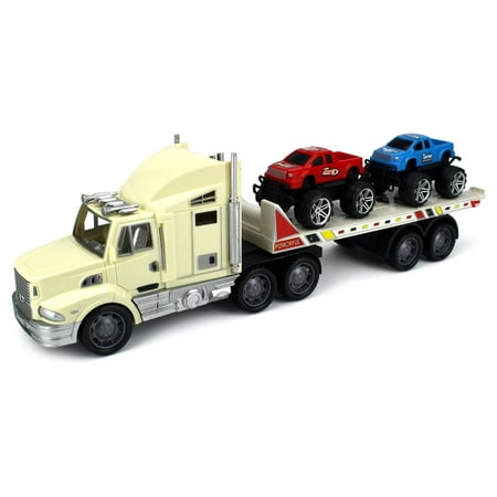 Off-Road Truck Trailer 1:32 Children's Kid's Friction Toy Truck Ready To Run w/ 2 Toy Trucks, No Batteries Required (Colors May