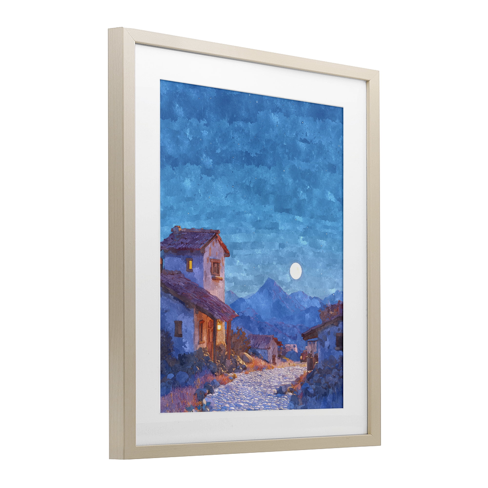 Moon over Quiet Town Birch Framed Print Under Glass, design by Ziwei Li