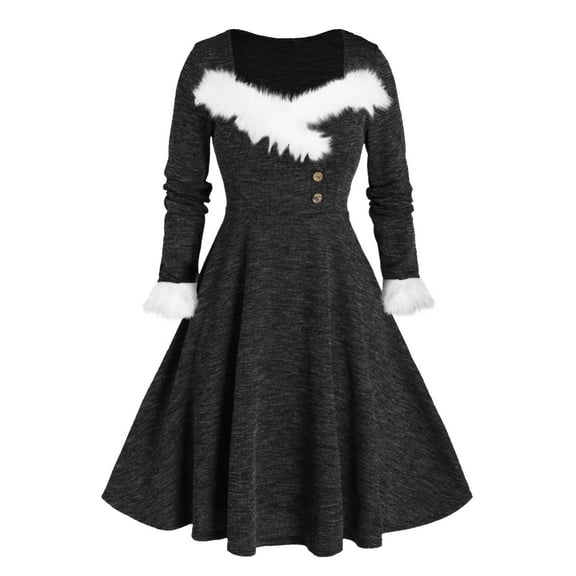 nerohusy Women Christmas Fuzzy Swing Dress Sweetheart Neck Long Sleeve Mrs Santa Claus Cosplay Cocktail Party Black,XXL