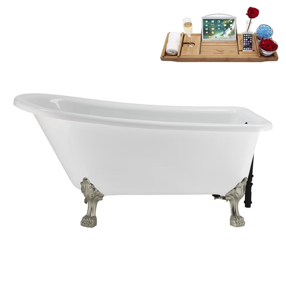 58" Streamline N4860BNK-BL Soaking Clawfoot Tub and Tray With External Drain in Matte Black and Brushed Nickel Clawfeet