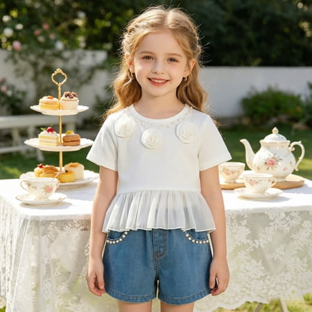 ZHOGXU Kids Girls Outfit 2 Piece Short Sleeve Crew Neck Floral Design Top And Denim Shorts Fashion Comfortable Sets For Casual Daily Wear White 5-6 Years