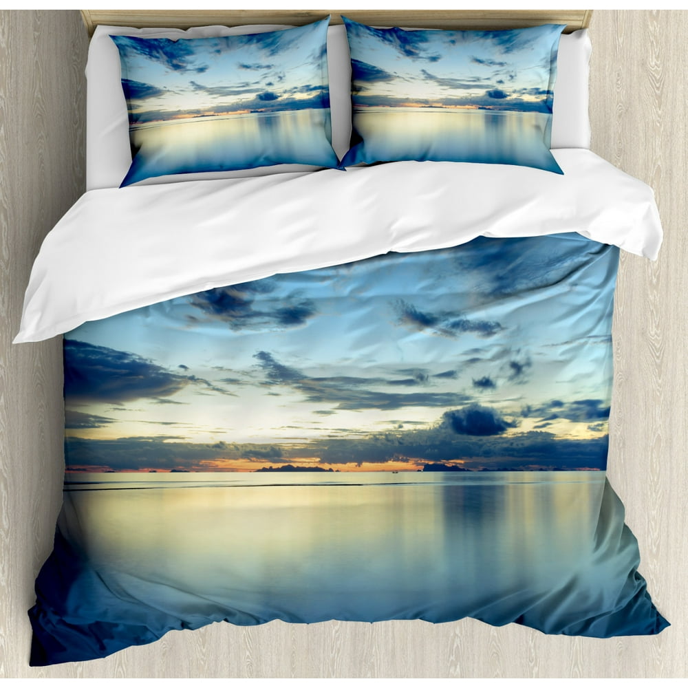 Blue Duvet Cover Set Queen Size, Photo of Dramatic Dusk Sunset Scenery