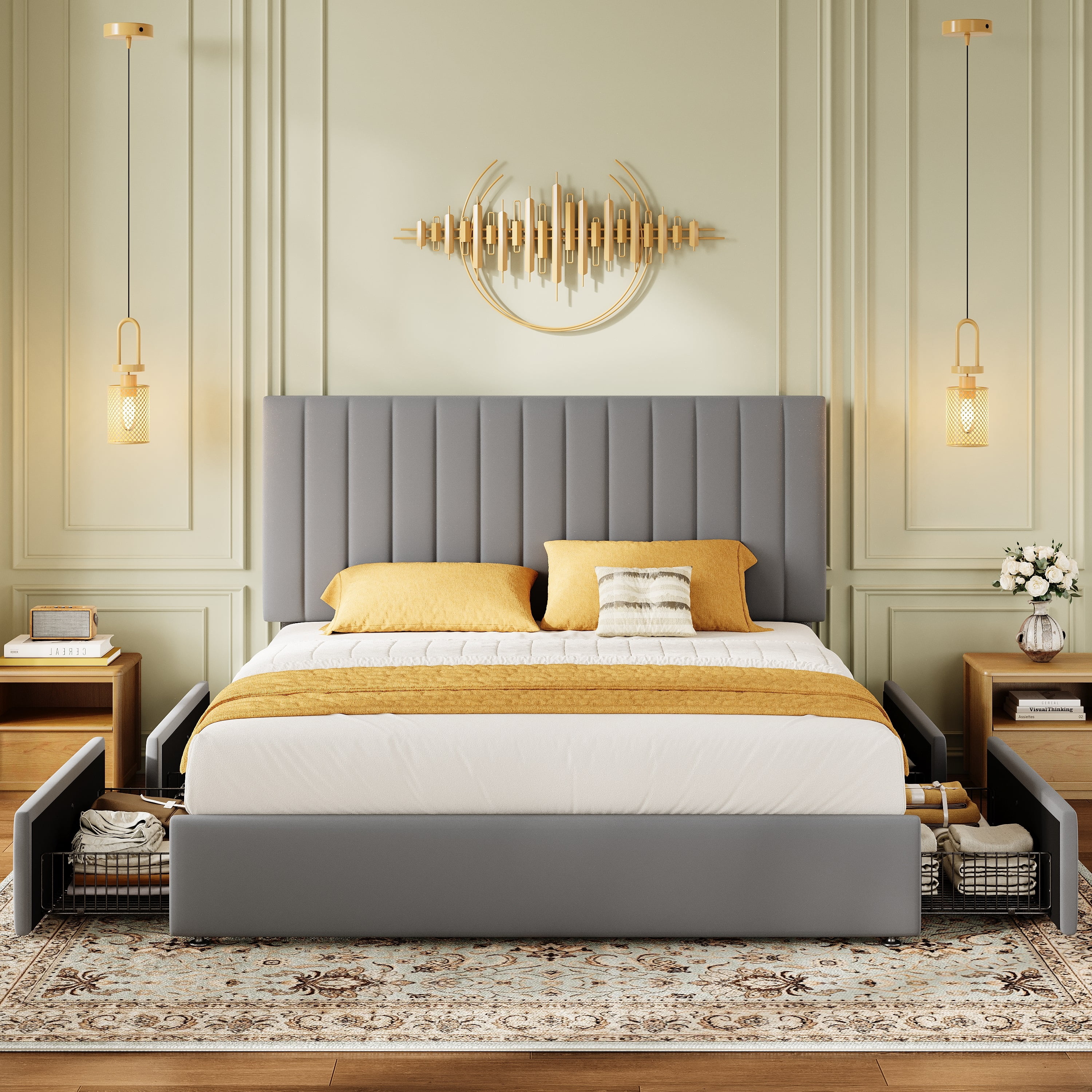 Amolife King Bed Frame with Adjustable Velvet-Wrapped Headboard and 4 Storage Drawers, No Box Spring Required, Gray
