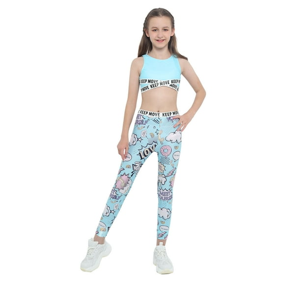 iEFiEL Kids Girls Ballet Dancewear Gymnastics Outfit Sports Bra Crop Tank Top with Yoga Running Pants Leggings Blue 8