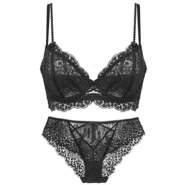 Gibobby Conjunto de lencería de encaje Conjunto de lencería sexy de encaje suave para mujer, ropa interior transparente con aros de encaje floral(Negro, 80B)