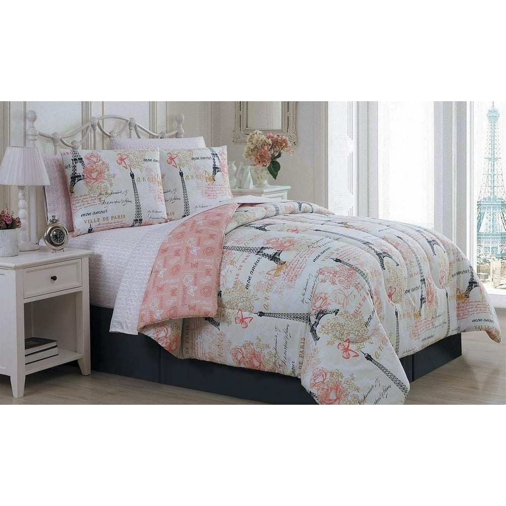 Paris Eiffel Tower Pink & Grey Flowers Queen Comforter Set 8 Piece Bed