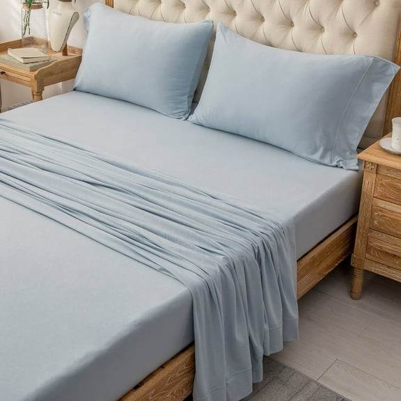 PURE ERA Jersey Knit 4pc Bed Sheet Set 100% T-Shirt Cotton Super Soft Comfyï¼Light Blue, Queen)