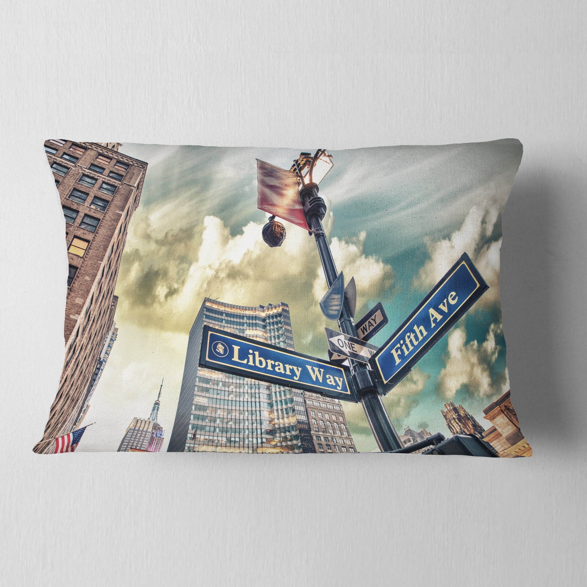 Designart Library Way and 5th Avenue Street Signs - Modern Cityscape Throw Pillow - 12x20