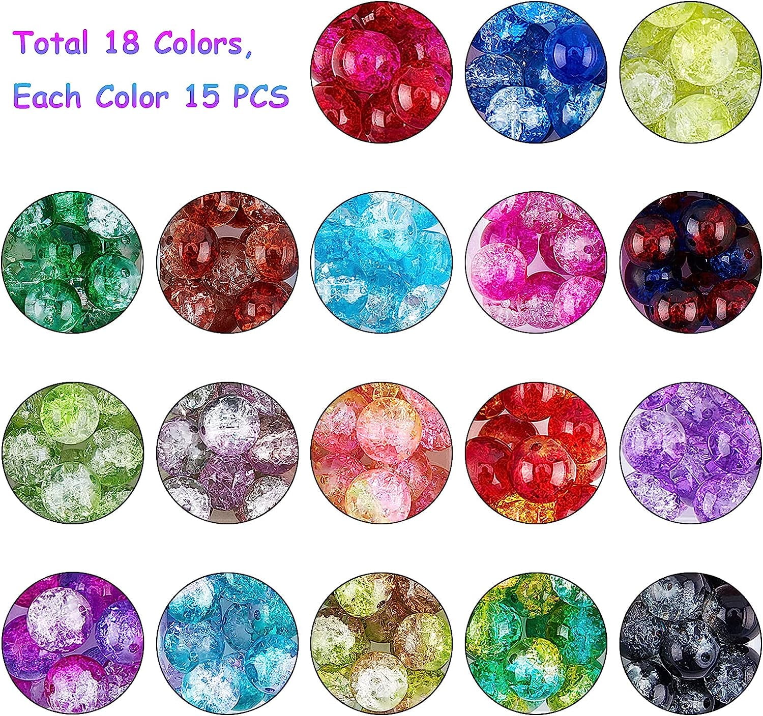 1 Set Crackle Glass Beads 18 Colors 10mm Crystal Beads 270pcs with Scissors Elastic Crystal Thread Beading Needles for Necklace Bracelet Earring Jewelry Making