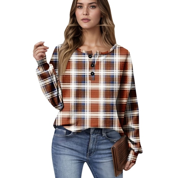 Women's Casual Shirts Long Sleeve Tops Button Up V Neck Loose Knit Fall Favorites For Women with Retro Plaid Print Waffle Henley Shirt, Classic Autumn Wear,Camel,L