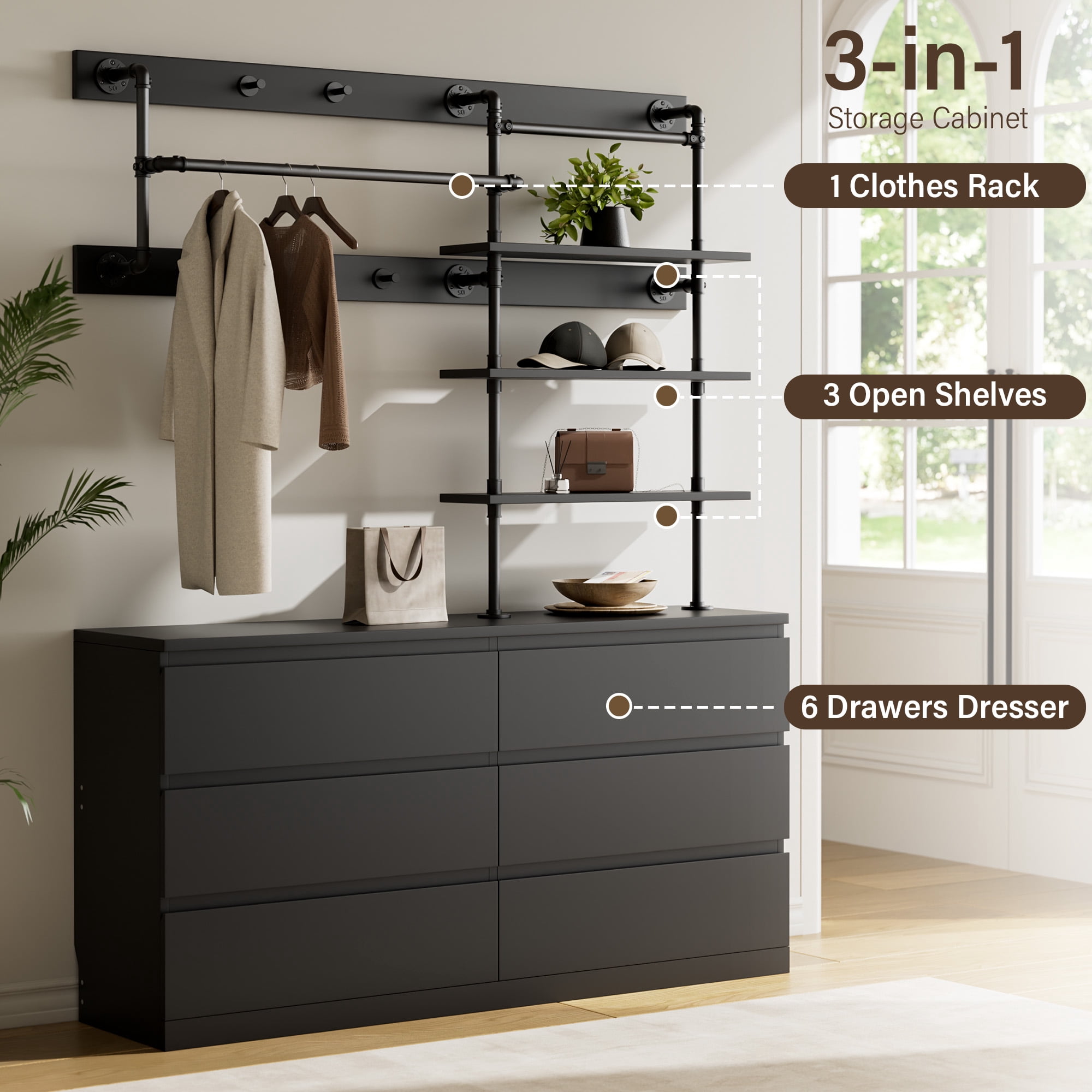 Aufeile Dresser for Bedroom, 77" Tall Dresser with 6 Drawer Chest of Drawers &Hanging Rack, Industrial Wood Dressers for Bedroom Adults, Large Closet Organizer Dresser, Black