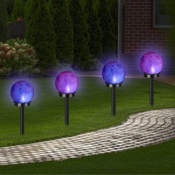 Solar Globe Pathway Lights 4‑Pack, Colorful Purple/Blue LED Garden Stake Lights for Yard, Walkway, Patio