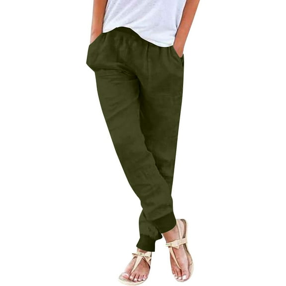 RYRJJ Womens Tapered Pants Summer Cotton Linen Drawstring Elastic Waist Pants Baggy Casual Beach Slacks Trousers with Pockets(Army Green;L)